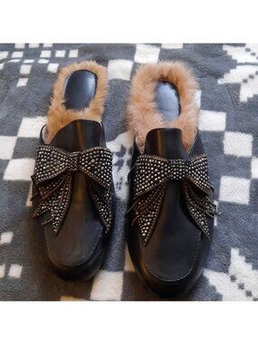 No Brand Black Leather Studded Bow Fur Lined House Slipper Size EU 40 US 8.5/9